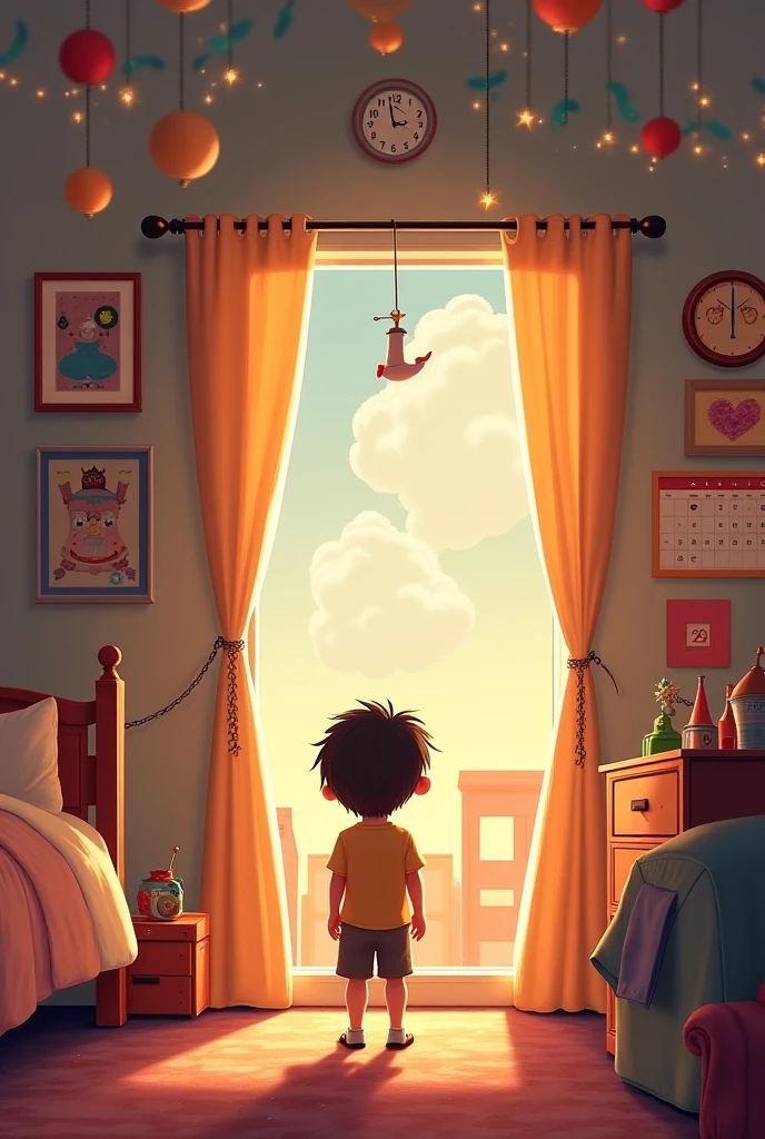 A poor child watching tv cartoon from the outside the window of a rich house
