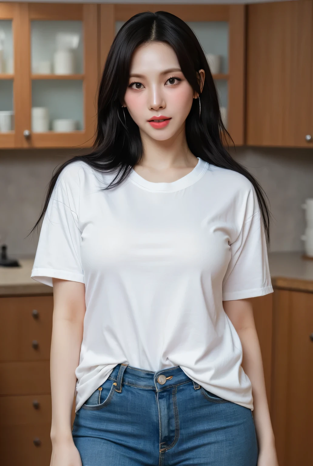 an office lady, standing in the kitchen, facing the camera, full body view, seductive face, Big Boobs, red lips, use a white oversize long t-shirt, black hair