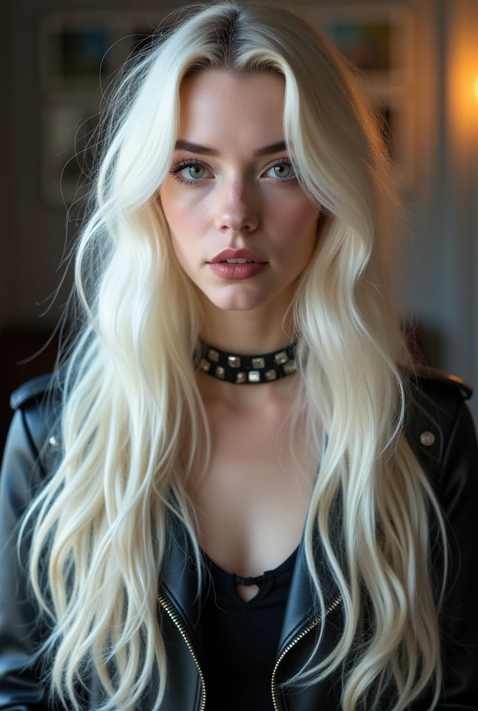 1girl, alone, solitary, high quality, (best quality,4k,8k,highres,masterpiece:1.2),ultra-detailed,(realistic,photorealistic,photo-realistic:1.37),gorgeous hair,white hair, white long straight hair with bangs,puffy eyes,mole on the cheek,plump lips,jewelry,(high detailed skin:1.4),(rim lighting:1.3),(lit:1.3),(sunny day:1.3),portrait,beautiful lips,waist-length hair,seductive gaze,moles,casual clothes,colorful clothing,close up,really long hair,choker necklace,tattoos,tattooed,light eyes,bangs,fringe,20 year old,dimples on the cheeks,dimples,platinum hair,platinum blonde