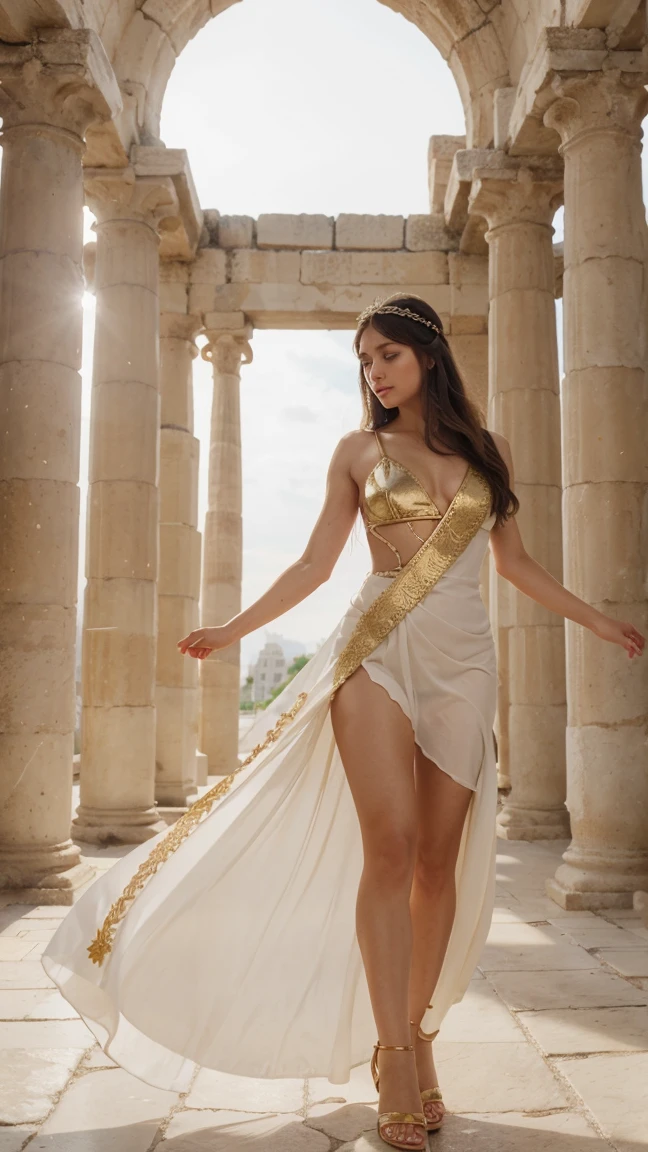 RAW (full-length photo) of 28 year old Greek woman wearing ancient Greek tunica, detailed real skin, (smile:0.7), natural color, looks line Goddess Aphrodite, intricate details, luxury background