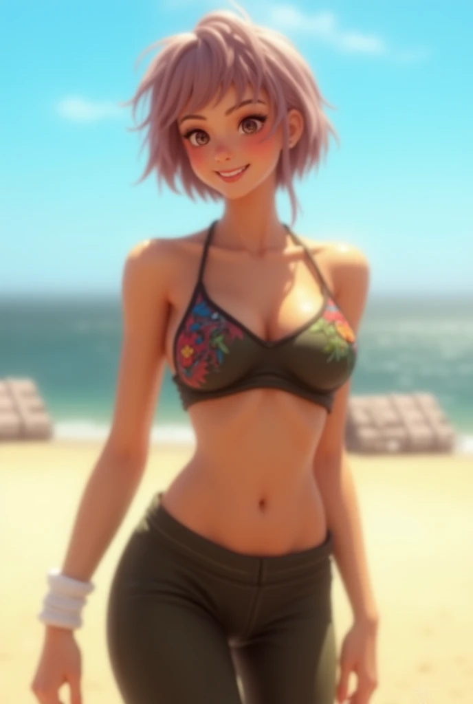 Mina ashido, big cleavage, bikini, barefoot, full body, big bust, kneeling, eye contact, looking at viewer, cheek bulge