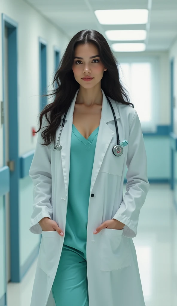 Tall woman with huge breasts and dressed as doctors with black hair