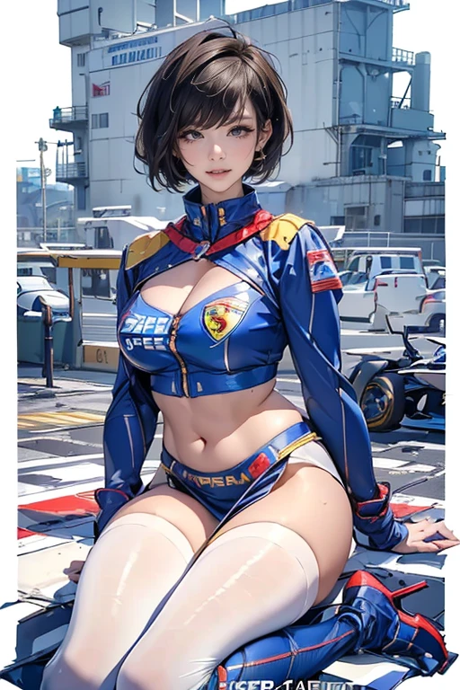 (masterpiece:1.2), (best quality:1.2), 1girl, shy, blush, full body shot, medium breasts, lift skirt, fit and petite body, smile, abs,
<lora:baltimore_v1:0.7>, ffbalti, short hair, french braid, blue headwear, peaked cap, race queen, black choker, cleavage, multi-strapped bikini, harness, cropped jacket, blue jacket, open clothes, (groin:1.2), thigh strap, blue thighhighs, micro shorts,
stand seductively, in front of the race car, racing track,