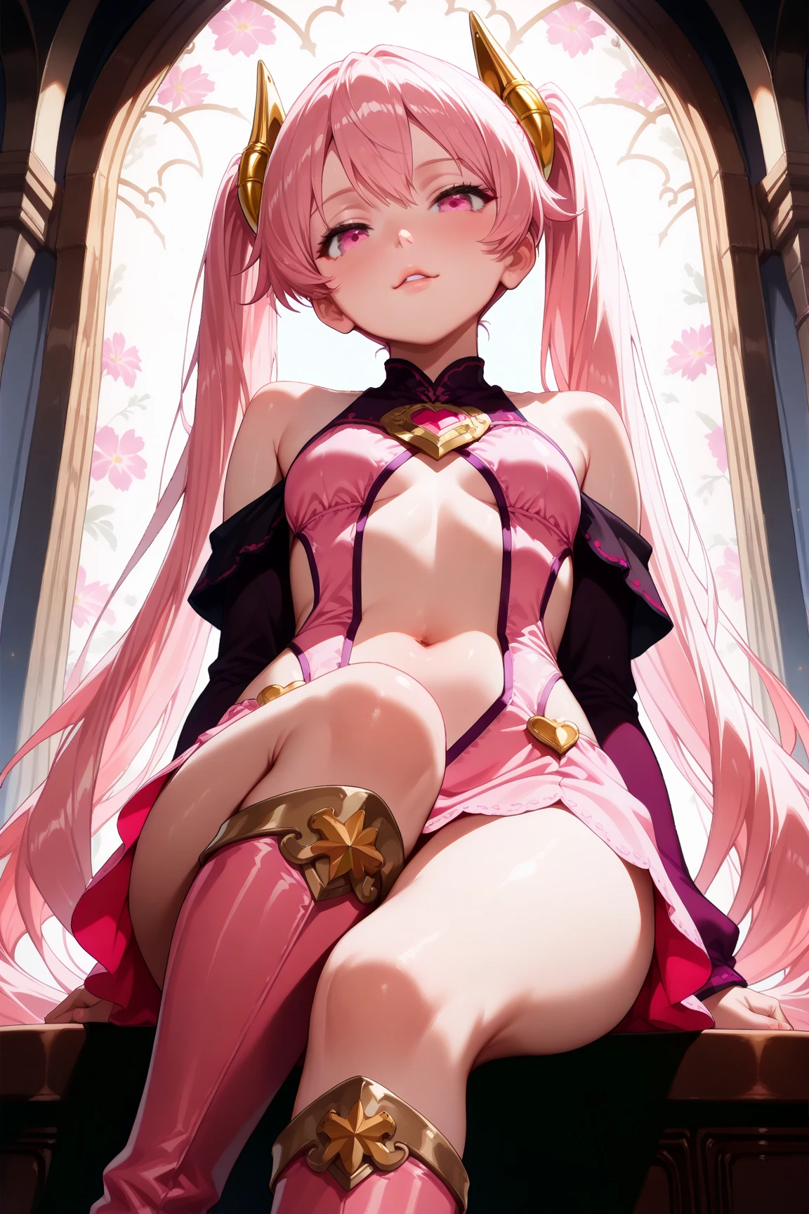 Best Quality, Masterpiece, High Resolution, 1Girl, Bound Arms, Bound Legs, Spread Legs, Hanging in the Air, Pink Very Long Hair, Brown Wizard Hat, Dark Red Eyes, Pink Scarf, Chains, Pink Panties, Pink Bra Medium Breasts, Fear, Embarrassed, Dark Chamber of Secrets