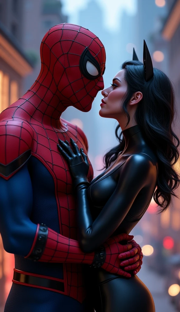 marvel art style, a 20-year-old male with dark fadeout hair and glasses, wearing spider superhero outfit, he has a big bulge , he's crouching down facing a female wearing gothic look. he's kissing her. He's squatting down to kiss her