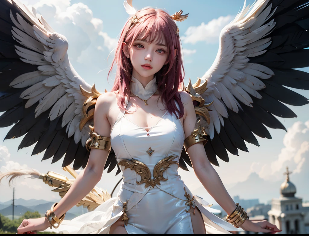 surrealism, High detail, Cinematic lighting, Ray tracing, angle of view, Eye level shots, hyper HD, Masterpiece, Textured skin, 4K, Best quality Close-up of woman with skull on shoulder, Anjo majestoso de whole body, Girl Angel Knight, angel in plastic armor, tall female angel, Beautiful angel girl ciborgue, beautiful female priest, Cushart Krenz Womenswear Key Art, Seraph, Shadowverse character concept, goddess. Extremely high detail, ( ( Character Concept Art ) ), Alafi angel with golden wings walking on the street, Anjo majestoso de whole body, super Wide Angel, Wide Angel shot, Wide Angel, Epic Angel Wings, 电影goddesswhole body照, epic angle and pose, angelica, Thick, Warm, share, Beautiful angel girl, Beautiful Angel, Long distance shot of tall angel, foto gigante e impressionante da goddess, woman with pink hair, whole body, whole body, Looking at the camera, Gurwitz&#39;s styleless artwork, ! sonho Ategum, Louis van Baarle Ross, estilo de arte Realist, IG Model | Ategum, Rose Tran, Inspired by Rostland, estilo Ategum, Ategum e atey ghailan, Gilded alafi in front of building, Angel Golden Armor, unreal motor render Knights of the Zodiac, Deusa Durada Atena, Like a mysterious Valkyrie, Gorgeous role-playing, Deusa Grega Atena, usando Golden armor, 3 d goddess minerva, Knights of the Zodiac, - Moon jewelry on forehead, Angry expression, Sad expression, Sailor Moon, Golden armor,  ([Long hair]:1.8), (whole body:1.8), (站立whole body像:1.8), (Upper body up:0.3),portrait, , middle Ages, Classicism, Andrey Atroshenko-Estillo, painting, traditional media, Realist, Delicately symmetrical eyes, Detailed beautiful face, Figurative, fine art, 布面油painting, HDR, 8k, Original Characters, high resolution, high detail, Focus on the face, portrait, , middle Ages, Classicism, Andrey Atroshenko-Estillo, painting, traditional media, Realist, Delicately symmetrical eyes, Detailed beautiful face, Figurative, fine art, 布面油painting