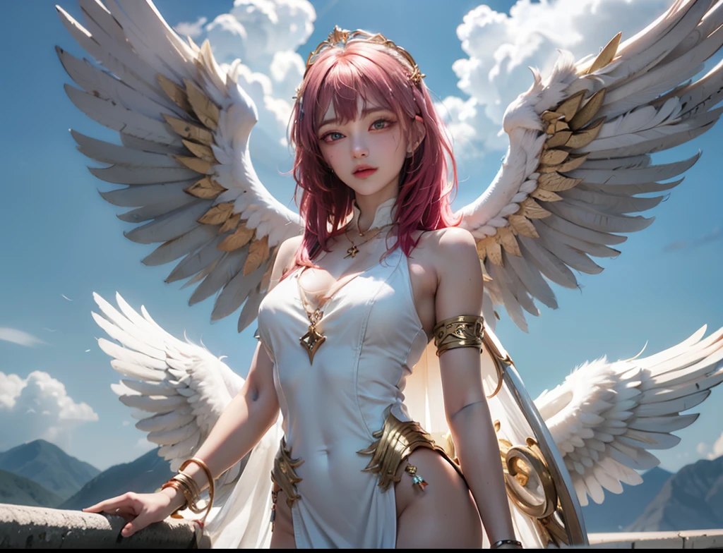 araffe angel with wings and a flower crown on her head, concept art by Yang J, tumblr, fantasy art, of beautiful angel, full - body majestic angel, super wide angel, beautiful angel, anime goddess, angelic wings on her back, of an beautiful angel girl, beautiful female angel, beautiful cyborg angel girl, young wan angel, beautiful alluring anime woman