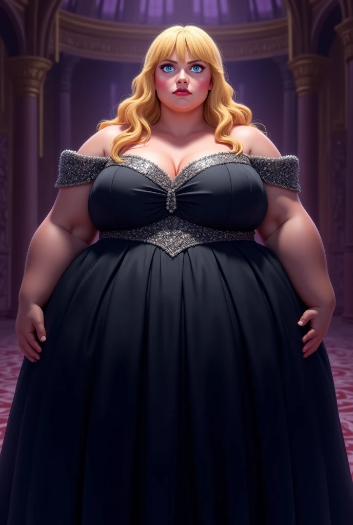 1 girl, sexy plump queen, long blonde hair, (long gown) , (double chin), overweight, (big pregnant belly), (revealing her belly) ,big breasts, castle main hall