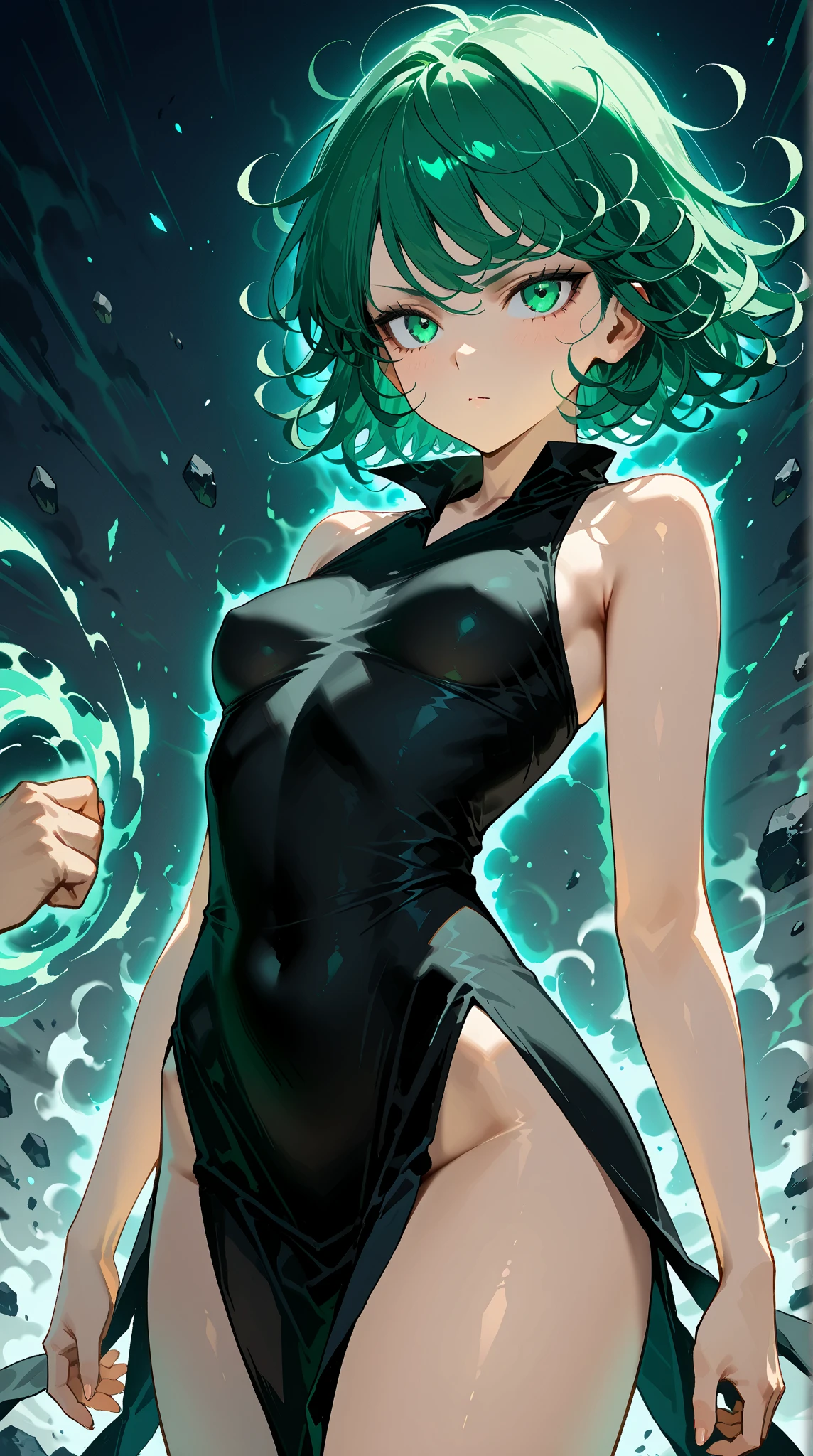 Green transparent latex garment. Green hair, green hair, green hair. Plump thighs, clamping thighs, hands stretched upwards, face and body facing the audience, slender waist, tornado, flat chest, black skirt, pelvic curtain (tatsumaki: 1.7), girl trasparent black latex dress, long sleeves, thick thighs, Wide hips, green light, pot curtain, green halo, see-through clothing, no, cameltoe, 1girl, Chen Juan, green hair, green eyes, dress, solo, black dress, big breasts, small breasts, thighs, curly hair, belly button covered