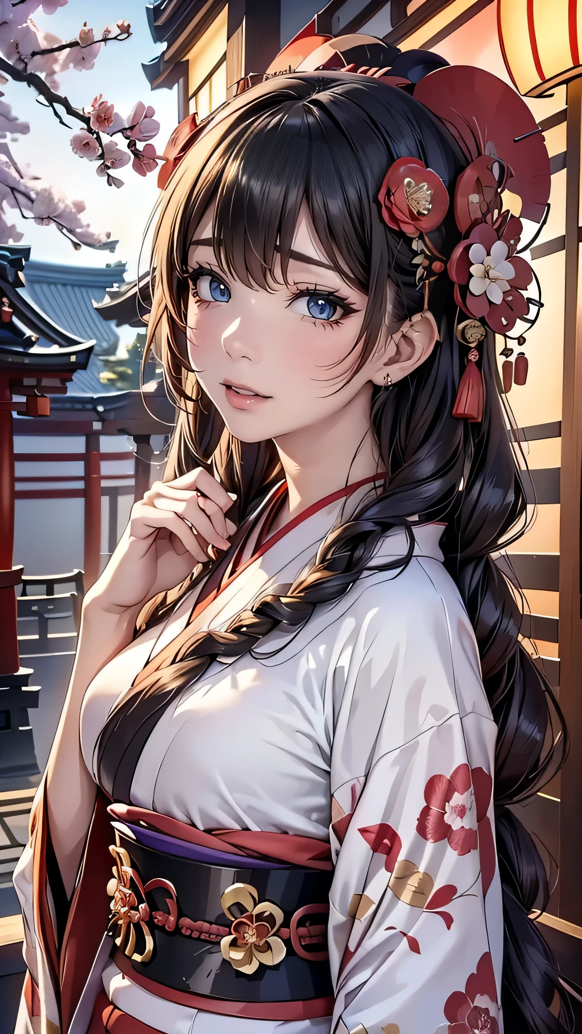 (Oiran:1.4)、1girl in,Black hair fringe long hair、Braided hair、disheveled hair、Light brown eyes、(Extraordinary beauty)、(dignified expression)、(Traditional kimono with colorful and shiny luxury Japan:1.4)、( popup:1.4)、(Photorealistic)、(intricate detailes:1.2)、(​masterpiece、:1.3)、(top-quality:1.4)、(超A high resolution:1.2)、超A high resolution、(A detailed eye)、(detailed facial features)、Wearing kimono_Clothes、(Fantastic night:1.4)、cherry trees、Big Moon、Five-storied Pagoda、Japan Temple