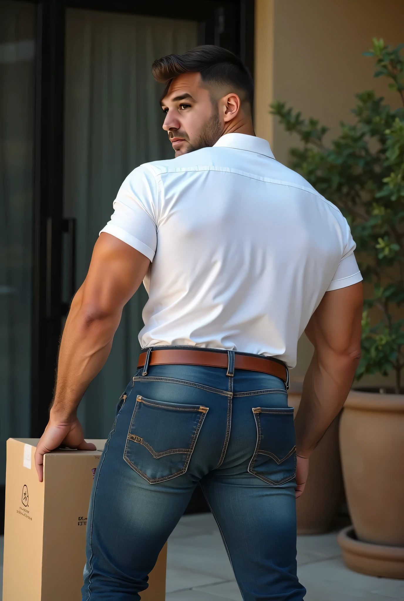 ((1 man only)) 30-year-old boy ,Japanese Kenta muscular male officer, facial hair bearded, ((dirty navy blue military shirt and heavy boots,)) , ((unrealistic super big tight butt wearing dirty and ripped stained white underwear)), legs wide open, legs on shoulder, outdoor army training base