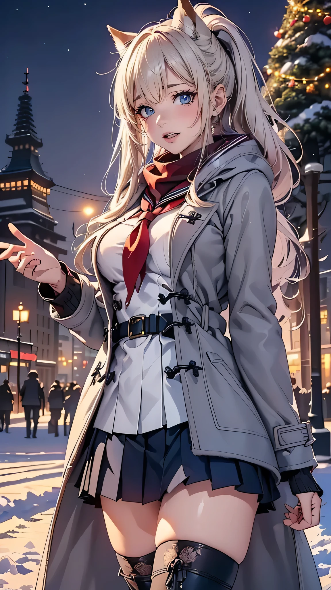 ((((perfect anatomy, super detailed skin)))), 1 girl, japanese, high school girl, shiny skin, large breasts:0.5, looking away, looking up, watching the view, from below,
beautiful hair, beautiful face, beautiful detailed eyes, (long hair:1.7, side ponytaail:1.5), blond hair, blue eyes,
beautiful clavicle, beautiful body, beautiful chest, beautiful thigh, beautiful legs, face, mole under eye,
(((gray duffle coat, open coat), ((long sleeves)), all navy sailor suit, navy pleated skirt, navy sailor collar, red sailor scarf, thigh-highs, short boots), school bag, cross necklace), seductive thighs, ,
((smile:1.5, open your mouth wide)), walking,
(beautiful scenery),winter, midnight, hokkaido, sapporo, odori park, christmas, (christmas tree), illumination, tv tower, snow, snowfall:1.5, freezing weather, frost,
(8k, top-quality, masterpiece:1.2, extremely detailed), (photorealistic), beautiful illustration, cinematic lighting,