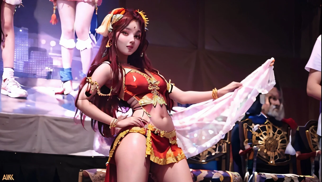 Nancy momoland having sex with Indian man on stage at a carnival, she is wearing sexy slutty indian outfit, NSFW, having sex, other men people touching her body