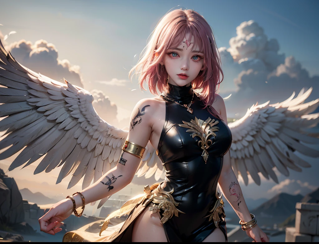 (best quality, 4k, 8k, highres, masterpiece:1.2), Pink Hair、Shorthair、breasts are beautiful and big。you are a brave warrior。wears steel armor。fighting with a sword。Grow wings and fly in the sky。Flying high in the sky through a thunderstorm。