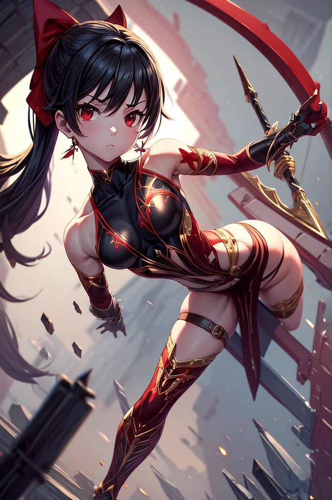 against on wall, a, Black skin elf female, shining red, street clothing, Black and red background, sexy face, sexy open legs pose, Hand on vagina, big chest, thicc legs, 