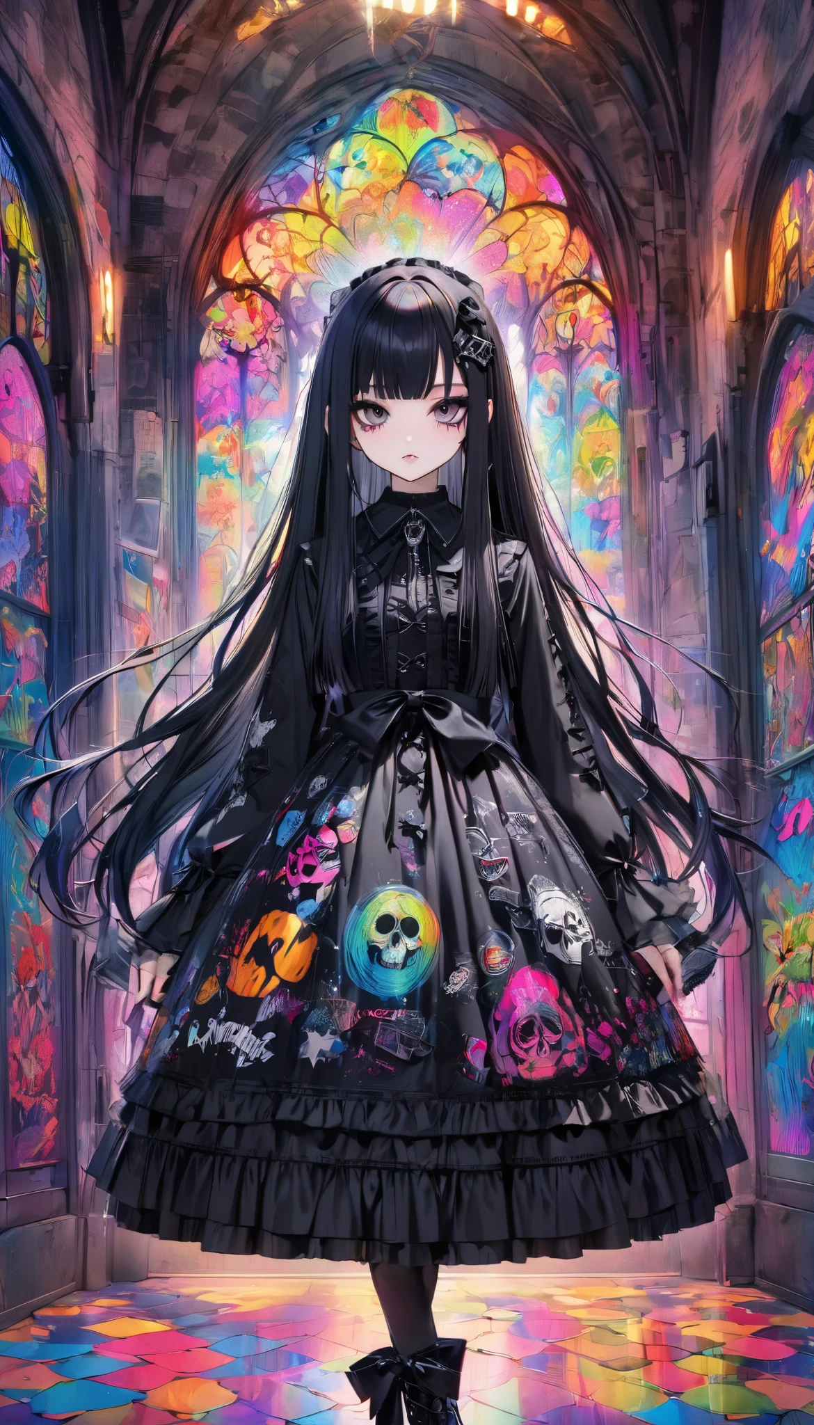 Punk rock star 、Arrange a gothic ta style dress、 black hair、dark eyeliner、long hair、straight hair、psychedelic