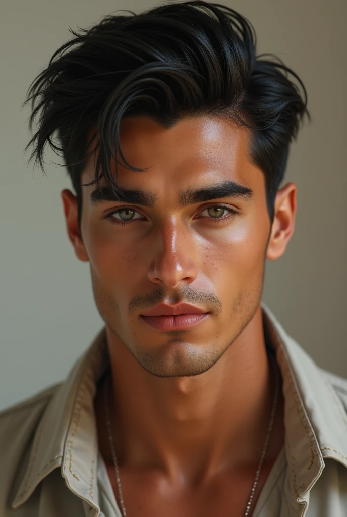 Hombre con pelo negro, ojos verdes