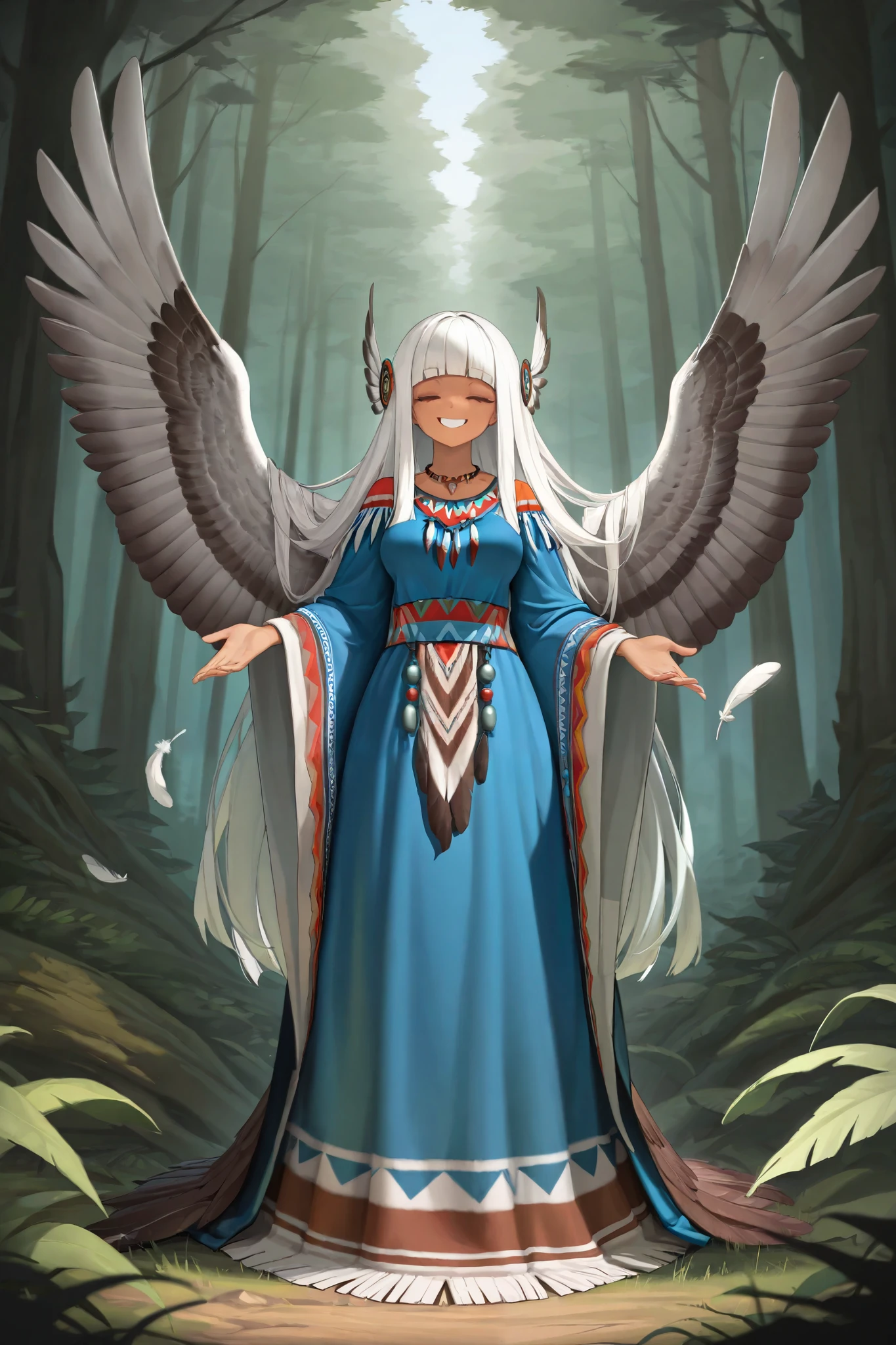 absurdres, (((HD))), (((Ultra High Quality))), ((hyper detailed)), ((detailed eyes)), (((8K))), ((perfect face)), ((masterpiece)), 1girl, smile, eyes closed, tan skin, eagle wings, white hair, long hair, blunt bangs, medium breasts, native american dress, feathers, blue dress, beads, necklace, wide sleeves, long skirt, forest background