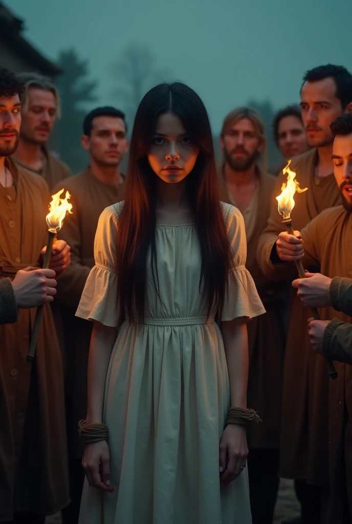 Create an image Description: Clara, back in human form, is injured and kneeling on the floor of her house, with the hunters around her. She has blood on her clothes and tears in her eyes, begging for an end. The hunters are armed with spears and bows, but they appear reluctant, with conflicted expressions on their faces. The scene is illuminated by moonlight streaming through the windows, creating an atmosphere of tension and tragedy.