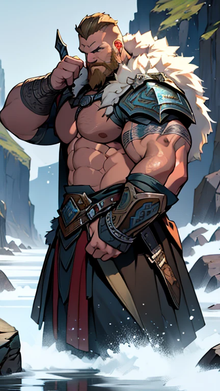 Mighty warrior, shirtless upper body, legs exposed from thighs to feet, cascading long curls, detailed muscular physique, lifelike depiction, 4K resolution. Background: Snow-covered mountain peak,32k uhd, best quality, masterpiece, super detail, high details