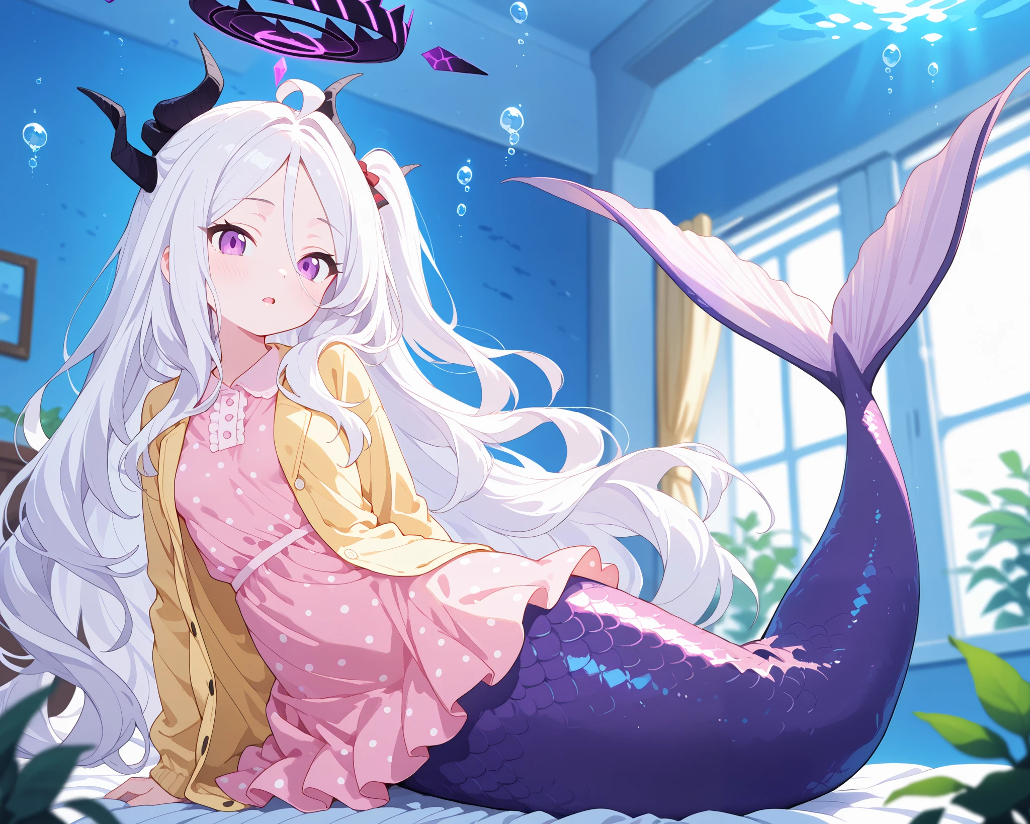 hina (blue archive),blue archive,window, ((mermaid, purple scales)), swimming, underwater, bubbles, fish, 1girl, long hair, purple eyes, ahoge, blush, parted bangs, white hair, hair between eyes, sidelocks, open mouth, grey hair, very long hair, parted lips, one side up, wavy hair, breasts, polka dot, dress, long sleeves, polka dot dress, pajamas, jacket, cardigan, collared dress, pink dress, looking at viewer, arms behind back, coat, leaf, plant, demon girl, solo, official alternate costume, open clothes, blurry, depth of field, blurry background, horns, halo, demon horns, yellow cardigan, indoors, open cardigan, multiple horns, pink pajamas, yellow coat, yellow jacket, blurry foreground, rating:safe, best quality, masterpiece,masterpiece, best quality, very aesthetic, absurdres,staekinglight, pcpcpc,