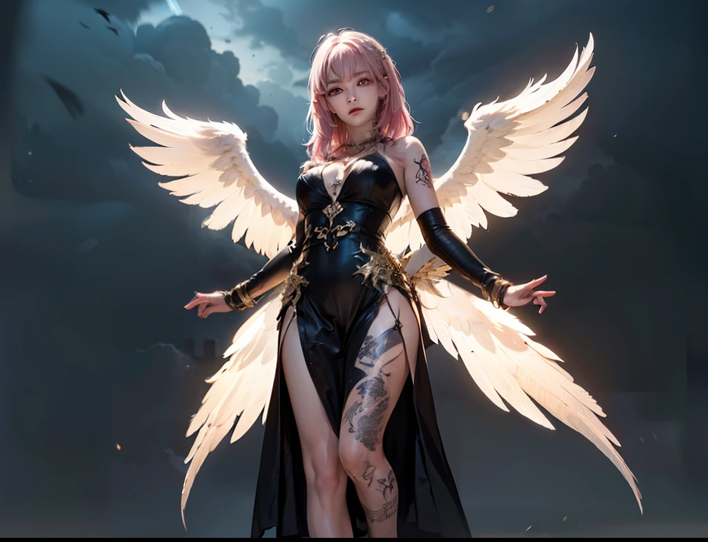 Anime character with horns and a heavy cybe parapet in the colors white dark pink standing in front of a full moon, moon clothes, fantasy outfit, in-game render, astral witch clothes, highly detailed full body, anime very detailed, clear outfit design, hair color white dark pink, 8k octae render photo, beautiful celestial demonin with large black cyborg wings on both sides