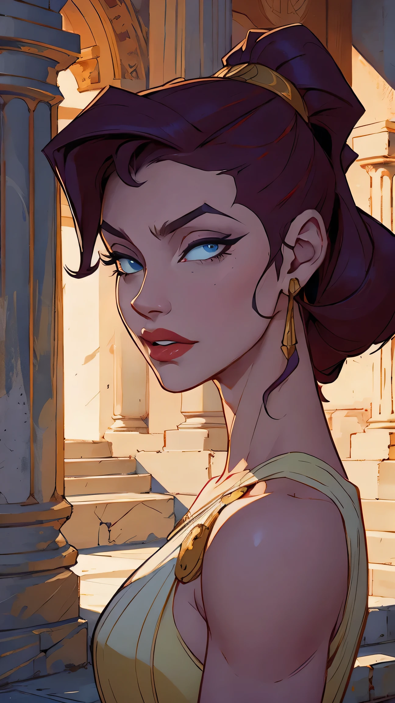 1girl,solo,beautiful Megara from Hercules, longo hair ,realistic portrait,detailed facial features,elegant expression,confident posture,intricate hairstyle,ornate greek dress,ancient greek architecture,dramatic lighting,vibrant colors,photorealistic,4k,professional illustration,digital painting,detailed skin texture,sharp focus,highly detailed,ultra-detailed,vivid colors,masterpiece