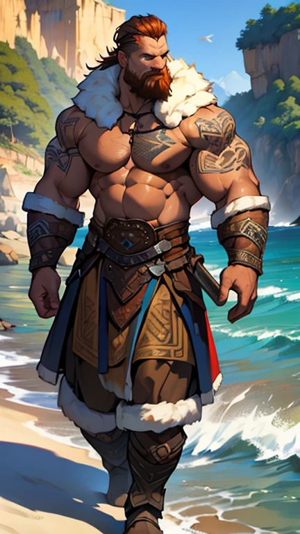 A burly, virile, and hairy dragon, exuding the irresistible charm of a himbo muscle daddy. His middle-aged features, adorned by a long, bushy beard and a thick mustache, reveal a life of experience and adventure. His body, sculpted into a warrior's build and a bodybuilder's physique, is a testament to his unyielding dedication to physical fitness. The hair on his chest and belly forms a carpet of thick fur, while his hairy arms and legs are adorned with a natural, untamed layer of hirsute. Every muscle on his overmuscular and musclebound frame is defined and bulging, veins pulsing beneath the surface, hinting at his incredible strength. Despite his advanced age, his grey hair only adds to his handsome and dreamy appearance.