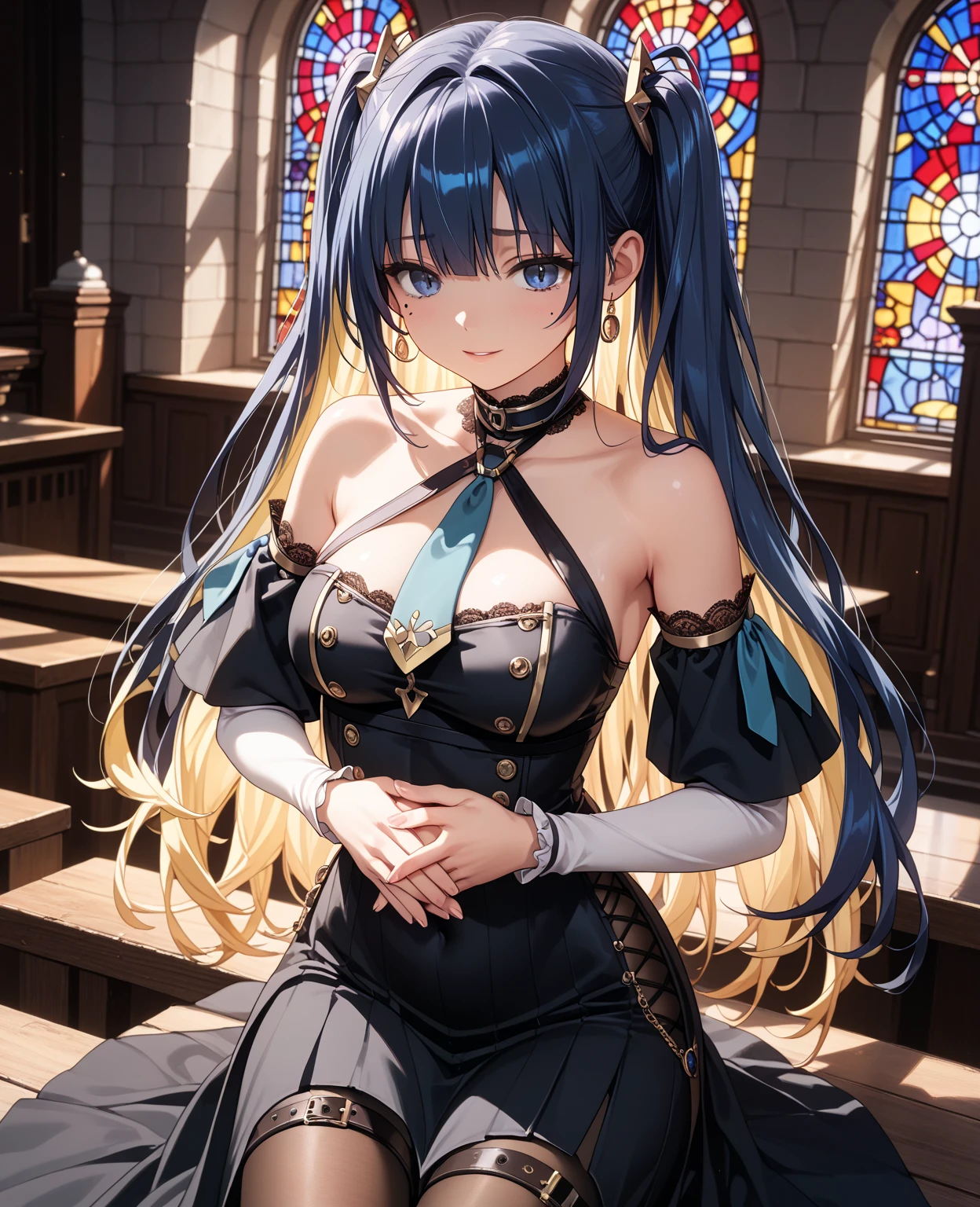 upper body, church, indoors, mitre, black hair, :d, purple eyes, looking at viewer, wide hips, facing viewer, (flat chest:1.2), <lora:ConceptionPlus:0.6>, <lora:Mitre-10:0.6>