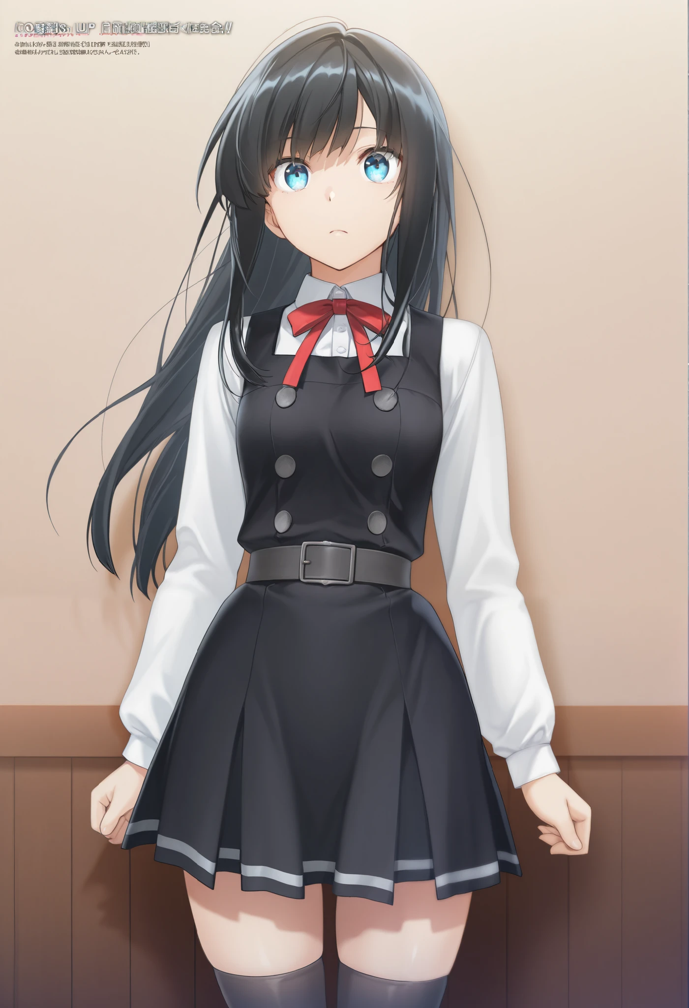score_9,score_8_up, score_7_up, source_anime, masterpiece, best quality, Official Art, official style, game cg, goddess magazine, rating_safe, rating_ are suspicious, asashioKC,black hair,blue eyes, long hair, shirt, long sleeves, dress, bow, ribbon, white shirt, cowboy shot, belt, bowtie, black dress, red bow, red ribbon, neck ribbon, red bowtie, pinafore dress,black thighhighs,pleated_skirt,