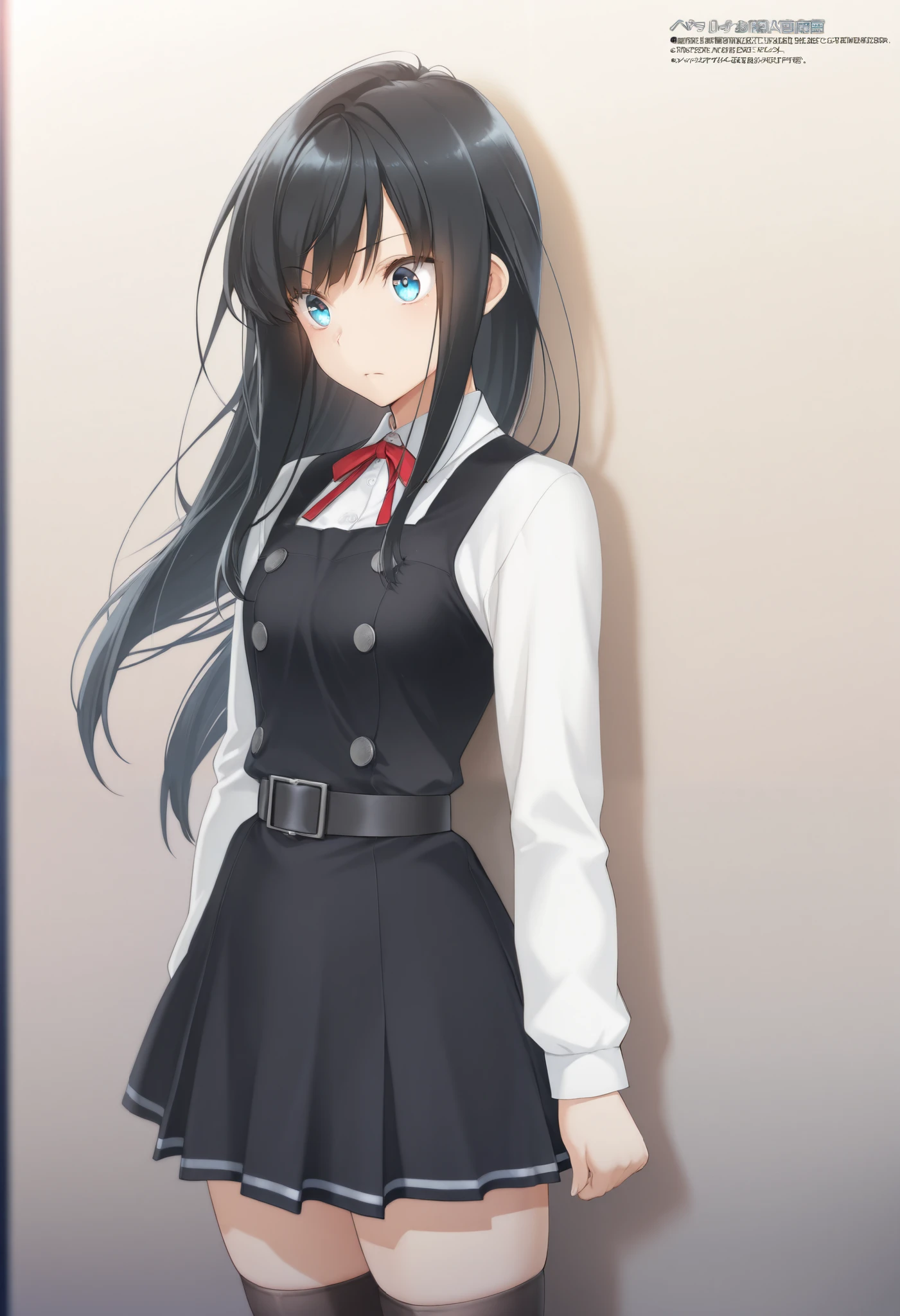 score_9,score_8_up, score_7_up, source_anime, masterpiece, best quality, Official Art, official style, game cg, goddess magazine, rating_safe, rating_ are suspicious, asashioKC,black hair,blue eyes, long hair, shirt, long sleeves, dress, bow, ribbon, white shirt, cowboy shot, belt, bowtie, black dress, red bow, red ribbon, neck ribbon, red bowtie, pinafore dress,black thighhighs,pleated_skirt,