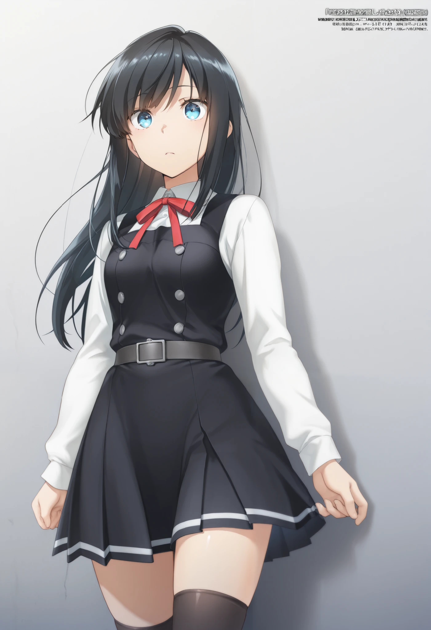 score_9,score_8_up, score_7_up, source_anime, masterpiece, best quality, Official Art, official style, game cg, goddess magazine, rating_safe, rating_ are suspicious, asashioKC,black hair,blue eyes, long hair, shirt, long sleeves, dress, bow, ribbon, white shirt, cowboy shot, belt, bowtie, black dress, red bow, red ribbon, neck ribbon, red bowtie, pinafore dress,black thighhighs,pleated_skirt,
