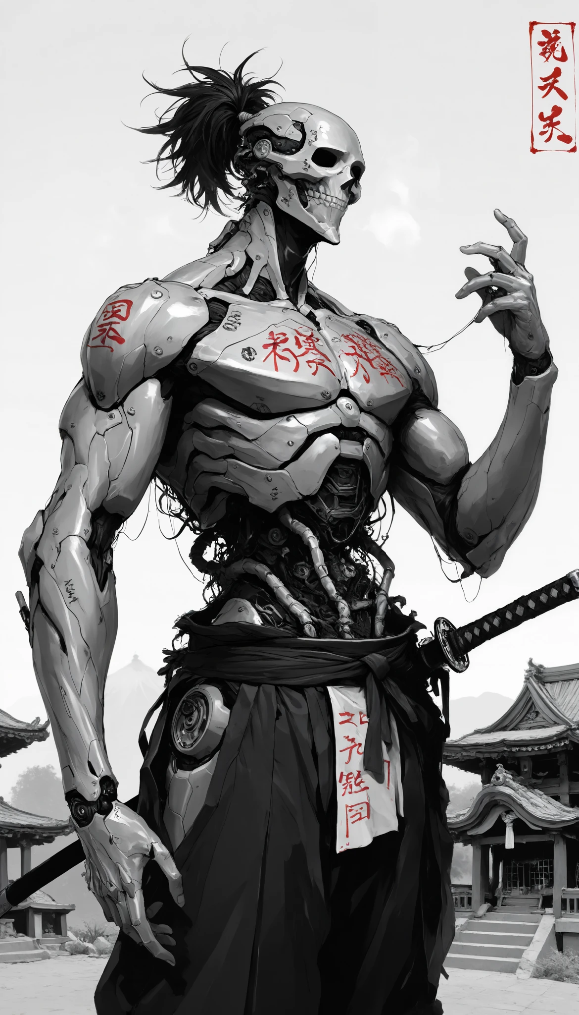 (masterpiece, best quality), best score , amazing quality, very aesthetic, highres, newer, 8K, HIGH CONTRAST, a boy,( beautiful:1.1),biological cyborg,Hand drawing style, muscle,Samurai Temple ,samurai armada,on guard,
