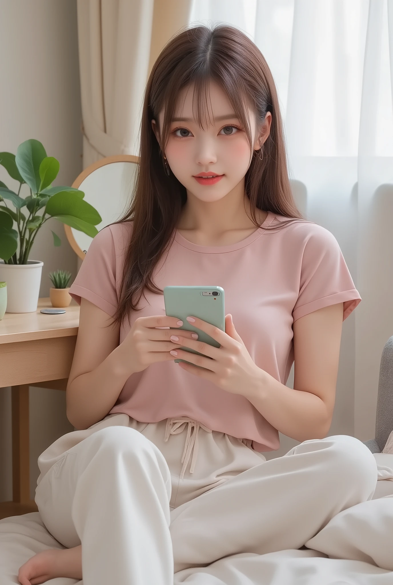 (((full body)))、(((woman)))、20th Generation、smile、 teeth、 RAW photos 、Award Winning Photos、(come out:1.3)、(top quality、Super Detail、complicated)、professional photo、professional lighting、high definition、(((Photorealistic、超real、real、8KウルトラHD)))、sexy、Focus on the Audience、is amazing、long hair、ponytail、pink t-shirt、white sweatshirt pants、I'm sitting on my bed and fiddling with my phone、modern、Photorealisticなミニマルなベッドルーム。 In the room、light colored patterned duvet(Duvet)has an orderly bed with hanging、Light spreads softly through transparent white curtains。 photo Realistic minimal bedroom、plenty of natural light、has a cozy atmosphere。 give the whole room a warm and relaxed atmosphere、A stylish wooden desk is arranged。 maintain a comfortable space、enhances the beautiful atmosphere of the room、round wooden ornaments and several pictures on the wall。 laptop on the desk、A small houseplant、green mug、with organized stationery、There is a wooden bookcase with storage capacity nearby。 casts a beautiful shadow on the wooden floor、mirror、skin care products、Decorative jar、A small houseplantがきれいに並び、that creates a warm and inviting space。 The room decor is minimalistic yet、Large windows with soft beige curtains、with small foliage plants。 Next to the bed was 、forms a functional and sophisticated workspace、modern gray chairs set in front of them。 air conditioning on the wall、on the right side of the bed。natural wooden floor、A wooden headboard nestles against a clean white wall {x} } It creates a simple yet sophisticated living space that makes you feel natural。