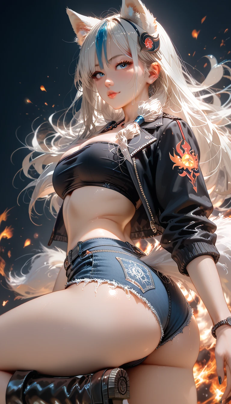 top-quality、Top image quality、​masterpiece、girl with((cute little、18year old、Best Bust、Medium bust、Bust 85,Red eyes to issue、Breasts wide open,Valley、Blonde long hair、A slender、Sexy costume、Black leather bra、White trousers、happily face、weightless、float、splatters、levitation、Hand waving motion、Rear view）hiquality、Beautiful Art、Background with((sky at night、mid air、meteors、black hole)),masutepiece、Elaborate design、visualart、depth of fields、Being in the air、weightless