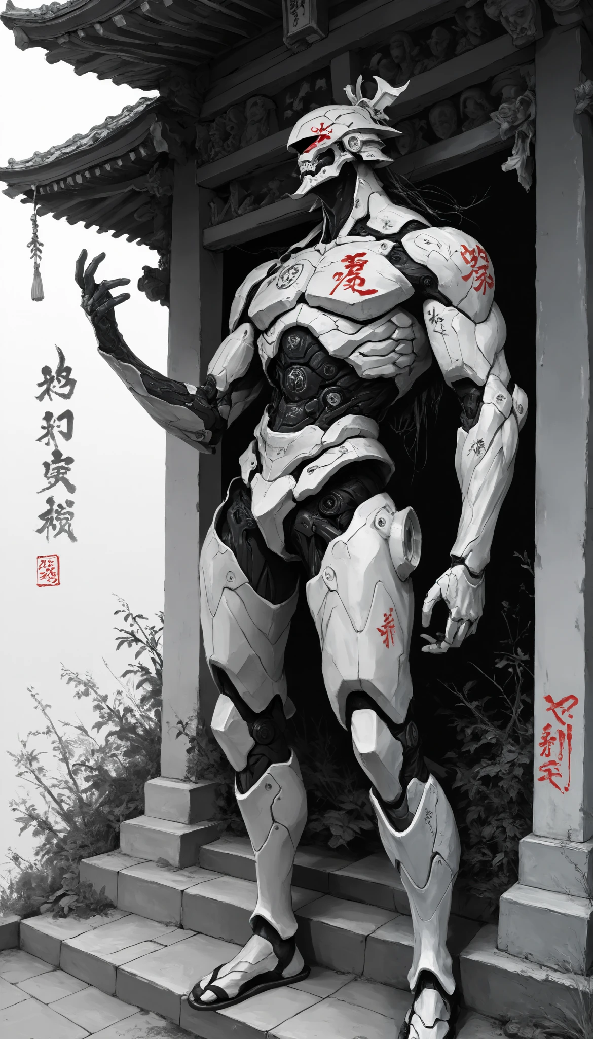 (masterpiece, best quality), best score , amazing quality, very aesthetic, highres, newer, 8K, HIGH CONTRAST, a boy,( beautiful:1.1),biological cyborg,Hand drawing style, muscle,Samurai Temple ,samurai armada,on guard,decadencia,