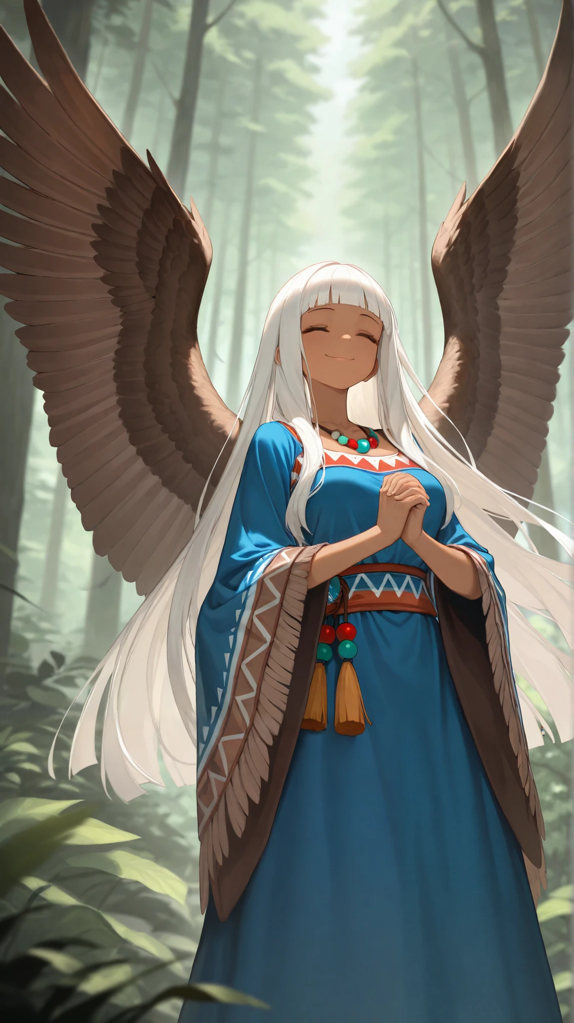 absurdres, (((HD))), (((Ultra High Quality))), ((hyper detailed)), ((detailed eyes)), (((8K))), ((perfect face)), ((masterpiece)), 1girl, smile, eyes closed, tan skin, eagle wings, white hair, long hair, blunt bangs, medium breasts, native american dress, tassels, feathers, blue dress, beads, necklace, wide sleeves, long skirt, forest background, hands clasped together, hands lowered