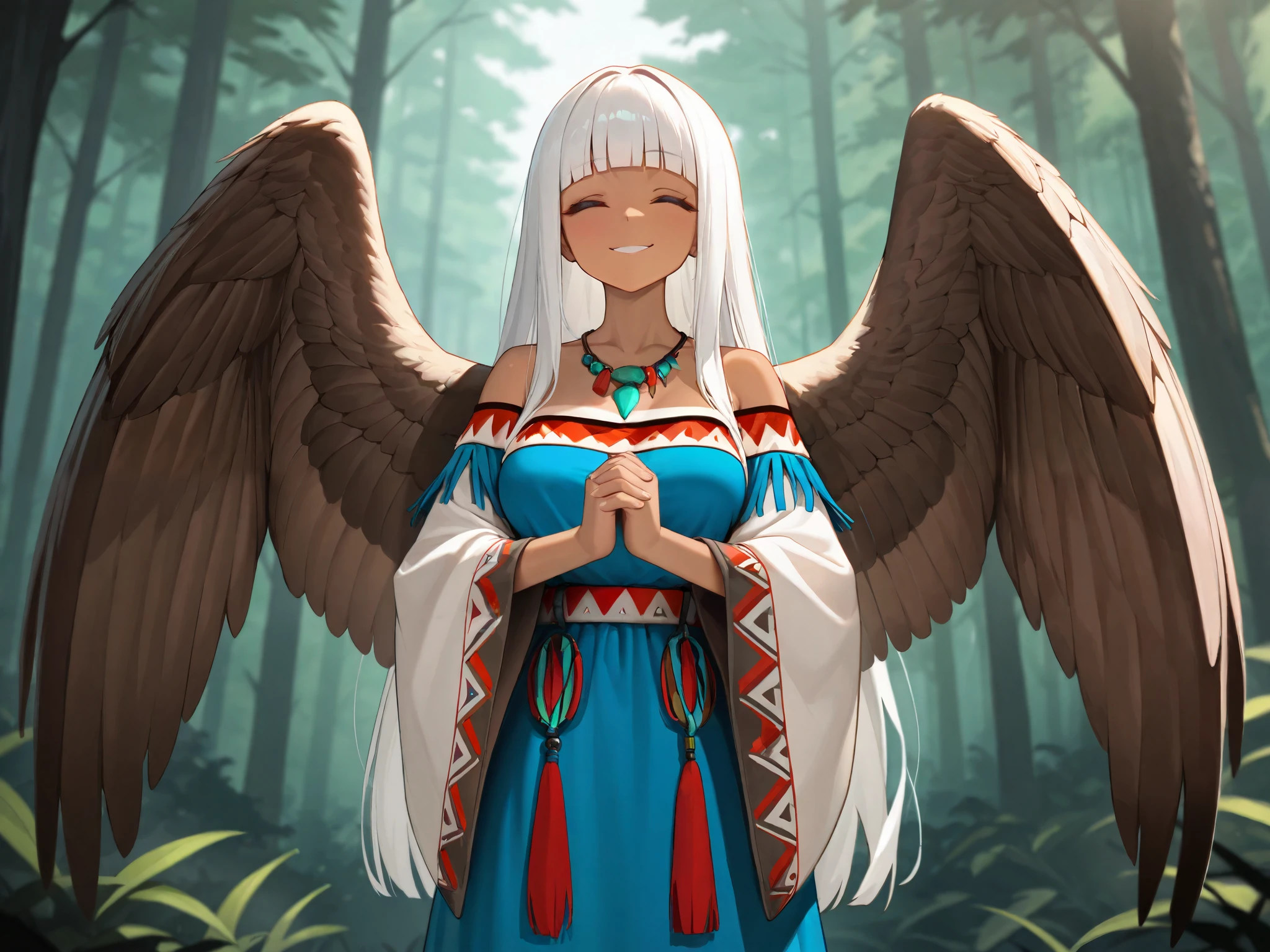 absurdres, (((HD))), (((Ultra High Quality))), ((hyper detailed)), ((detailed eyes)), (((8K))), ((perfect face)), ((masterpiece)), 1girl, smile, eyes closed, tan skin, eagle wings, white hair, long hair, blunt bangs, medium breasts, native american dress, tassels, feathers, blue dress, beads, necklace, wide sleeves, long skirt, forest background, hands clasped together, hands lowered