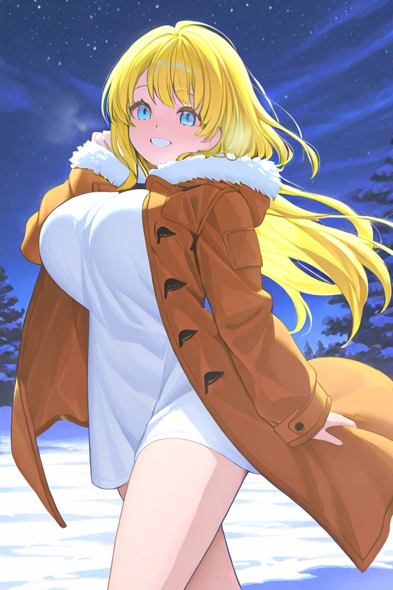 KAGAMINE RIN, long HAIR, BOW, blonde hair., large breasts,, empty eyes , nipple, Running, Heavy snowfall area, frozen, wet, Crying, mountain, solo, crying, Nude, naked, 1girl, , Peeing, lactation, projectile lactation