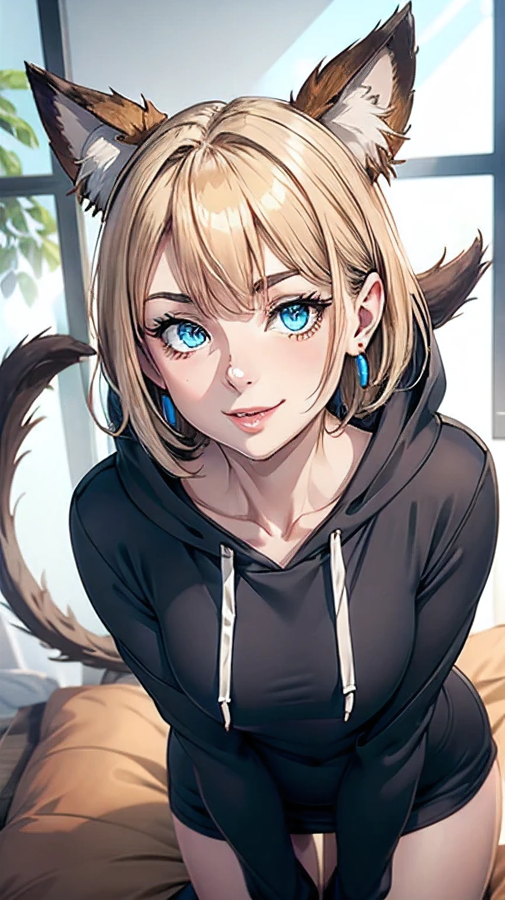 Looking at the viewer, solo, 1 girl, Smile, blue eyes, blond hair, Animal ears, double tails, Bangs, earrings, horns, ajar lips, sharp ears, hood, bottom view, backlight, Точность, best quality,