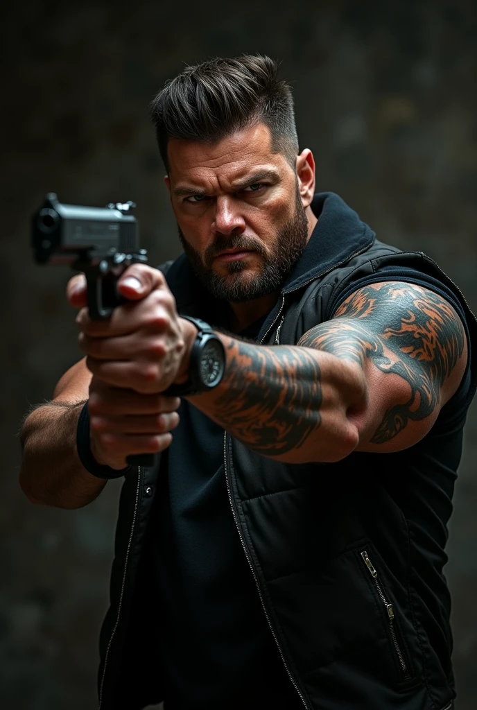 1white man, (male) athletic, black hair styled in dreadlocks, black sleeveless jacket, body with tattoos, crazy eyes (looks of sadistic murderer) Sadistic smile. he holds a semi-automatic pistol in his left hand, photorealistic style 8K very good quality image