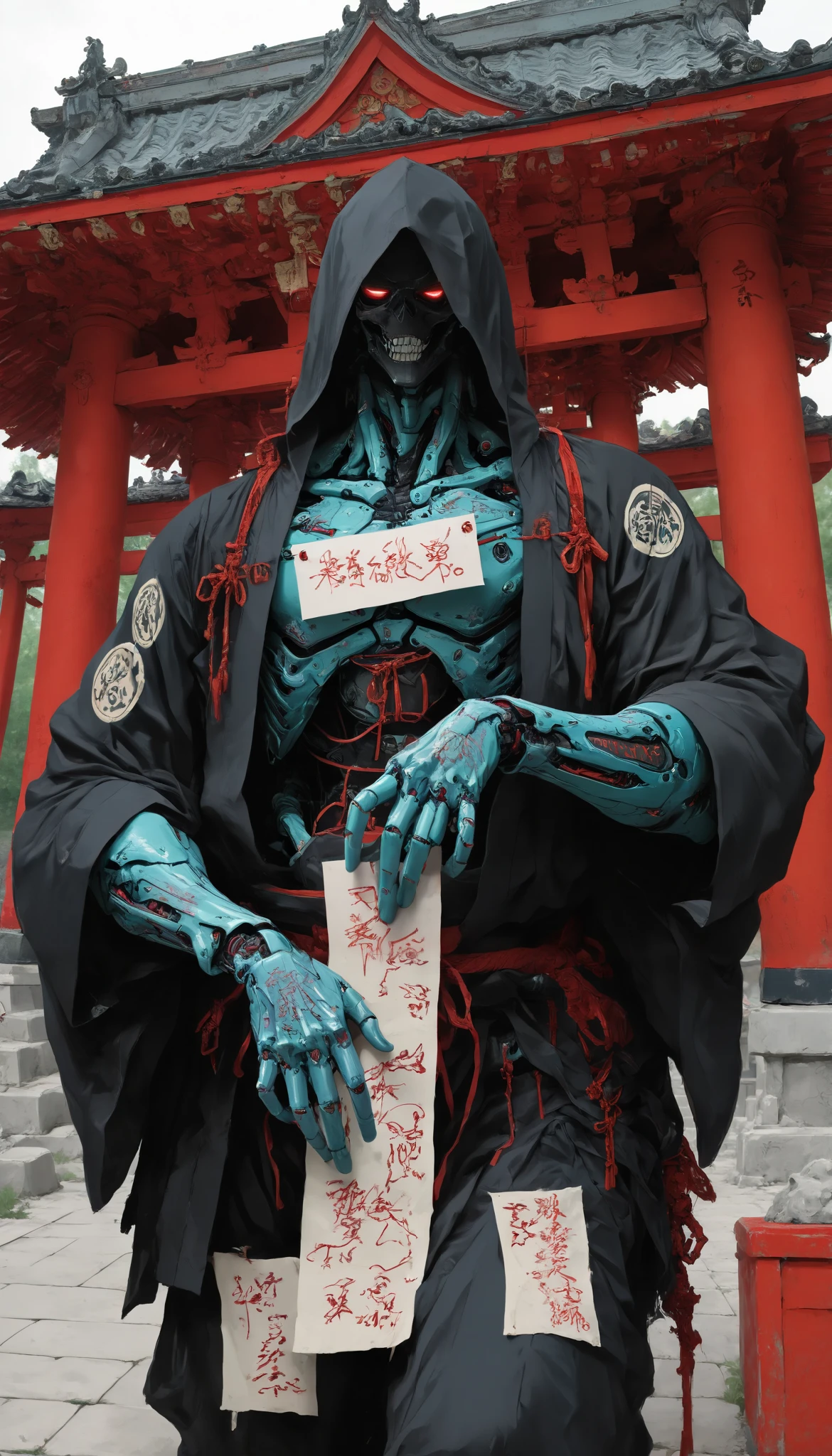 (masterpiece, best quality), best score , amazing quality, very aesthetic, highres, newer, 8K, HIGH CONTRAST, a boy,( beautiful:1.1),biological cyborg,Hand drawing style, muscle,Samurai Temple ,samurai armada,on guard,hand art