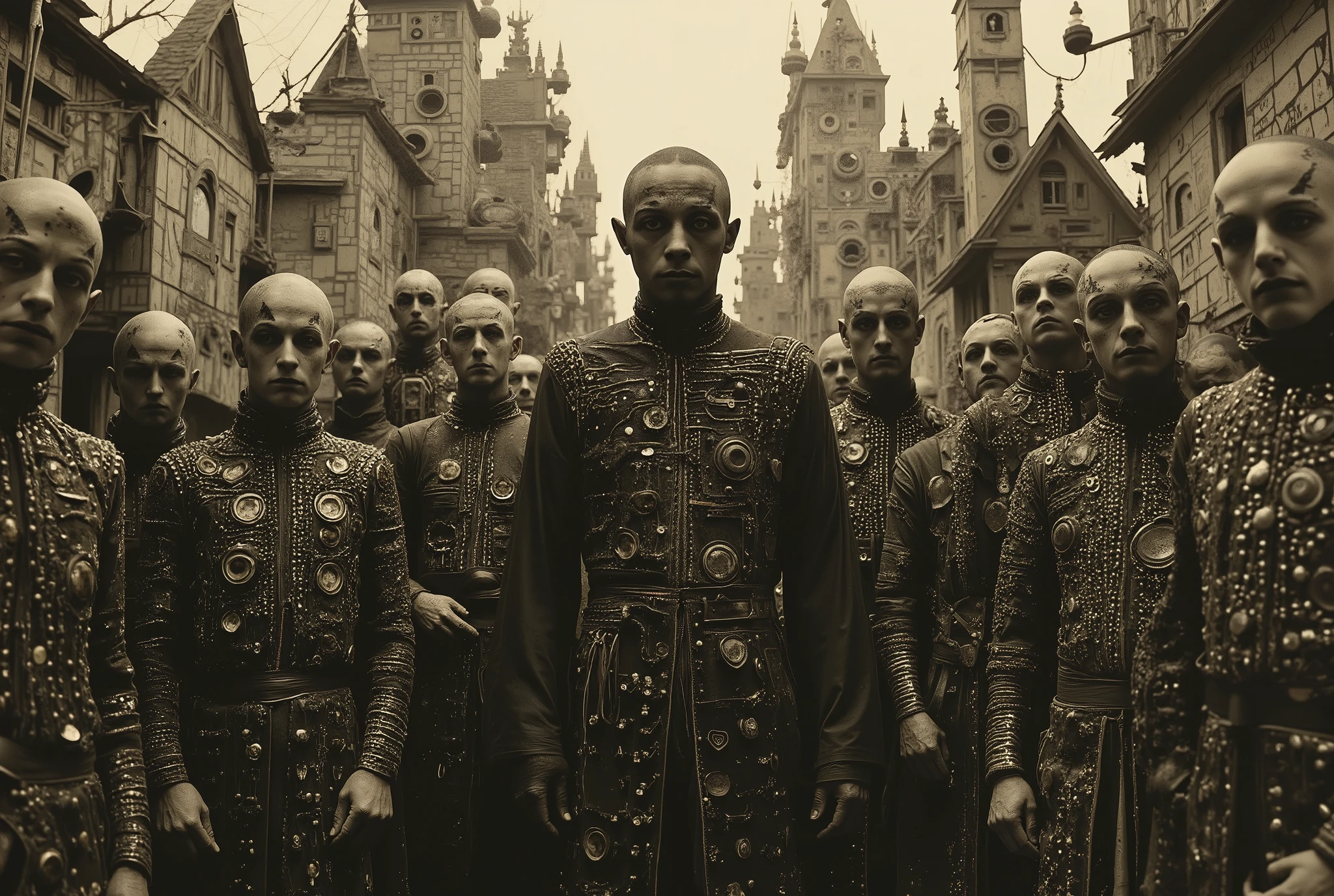 A vile group of male bandits and slavers is standing in a medieval beergarden of an Eldritch Germanic pub. The bandits' leader is a large, middle-aged ebony-skinned male Nigerian with a cruel smile. Perverts, junkies, rapists, scum criminals of a grimdark fantasy world. They wear a mix of leather and chain armor, with dirty hands clutching dented pewter beer tankards. Inspired by H.R. Giger and frank franzzeta and Luis Royo, Eldritch germanic megastructure in the background, RAW, horror, elements of perversion and body horror Slaanesh and Nurgle Chiaroscuro, cinematic lighting, Fujicolor, U high definition , Retina, body masterpiece, Precise, Anatomically Correct , textured leather, super detail , tall details, high quality, awarded , best quality skirt , highres, 1080P, high definition , 16K