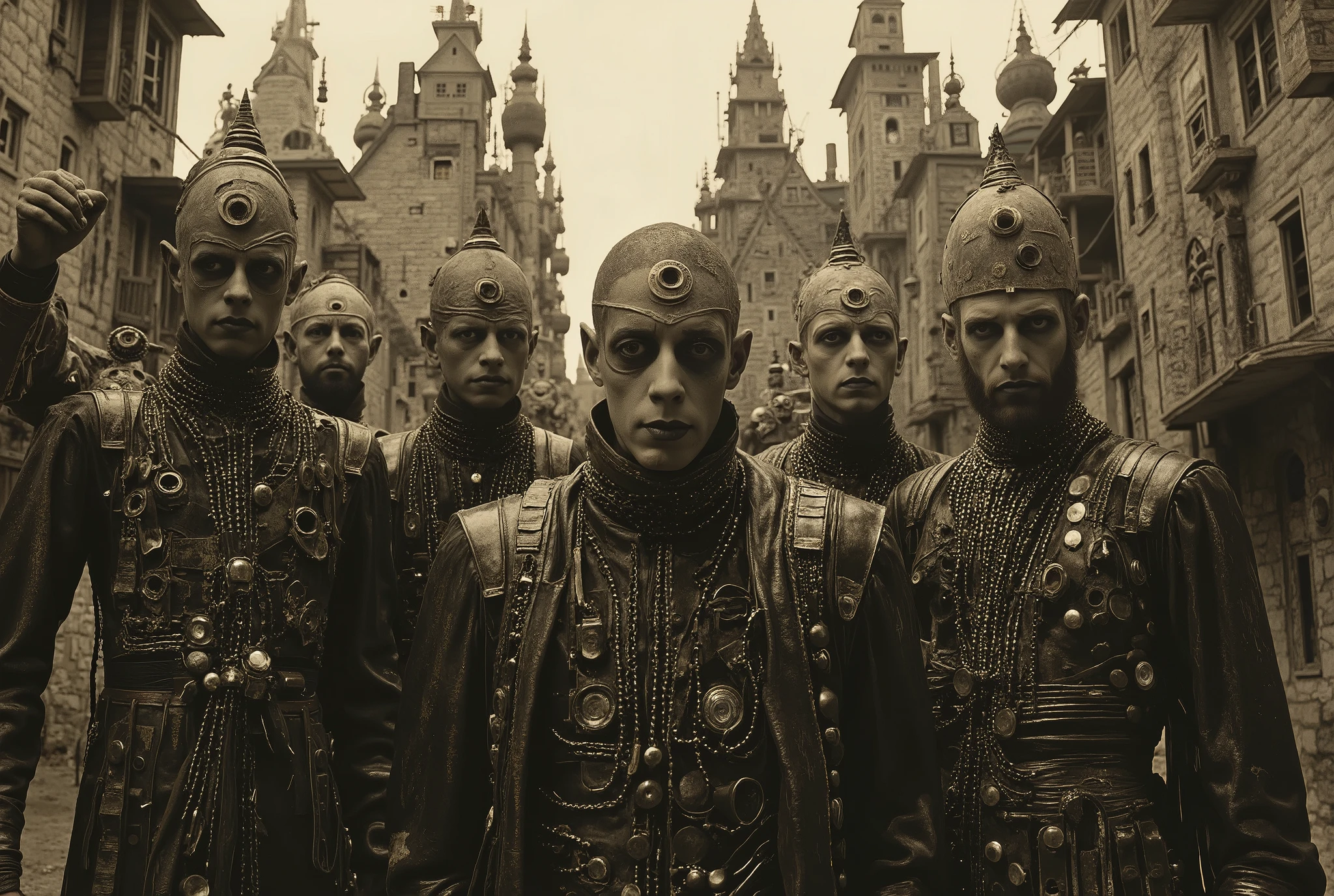 A vile group of male bandits and slavers is standing in a medieval beergarden of an Eldritch Germanic pub. The bandits' leader is a large, middle-aged ebony-skinned male Nigerian with a cruel smile. Perverts, junkies, rapists, scum criminals of a grimdark fantasy world. They wear a mix of leather and chain armor, with dirty hands clutching dented pewter beer tankards. Inspired by H.R. Giger and frank franzzeta and Luis Royo, Eldritch germanic megastructure in the background, RAW, horror, elements of perversion and body horror Slaanesh and Nurgle Chiaroscuro,  cinematic lighting, Fujicolor, U high definition , Retina,  body masterpiece,  Precise,  Anatomically Correct ,  textured leather,  super detail ,  tall details,  high quality, awarded ,  best quality skirt , highres, 1080P,  high definition , 16K