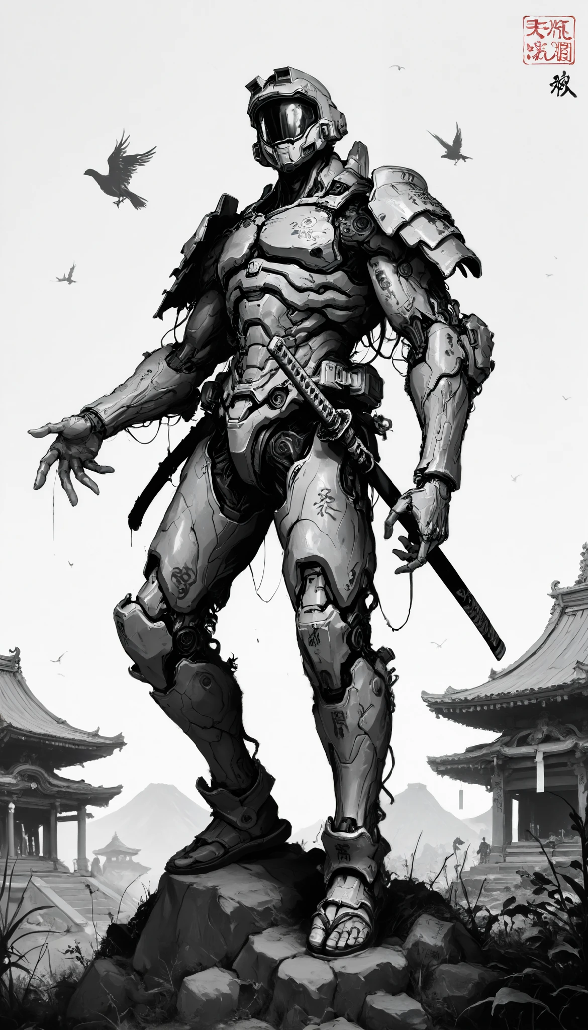 (masterpiece, best quality), best score , amazing quality, very aesthetic, highres, newer, 8K, HIGH CONTRAST, a boy,( beautiful:1.1),biological cyborg,Hand drawing style, muscle,Samurai Temple ,samurai armada,on guard,hand art