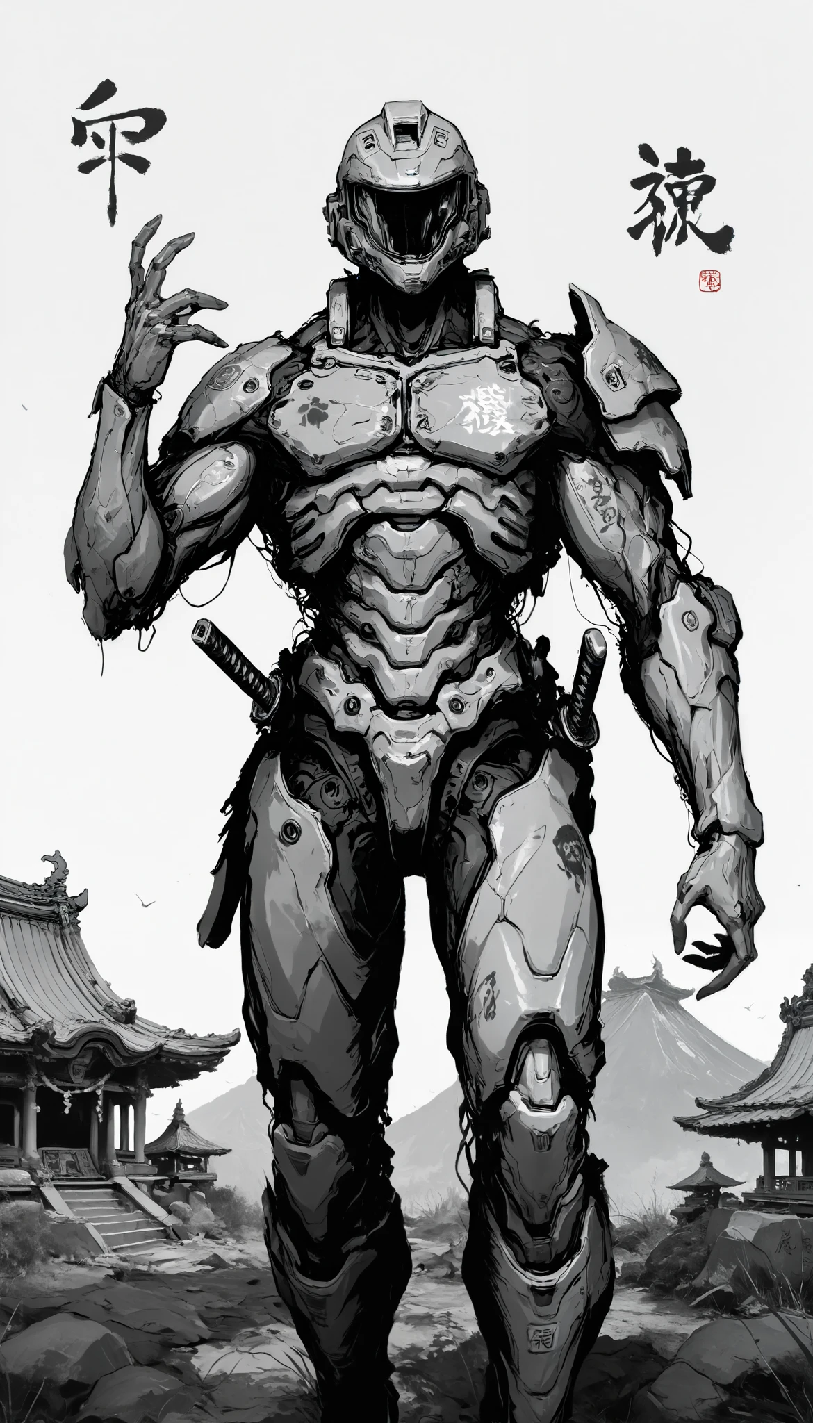 (masterpiece, best quality), best score , amazing quality, very aesthetic, highres, newer, 8K, HIGH CONTRAST, a boy,( beautiful:1.1),biological cyborg,Hand drawing style, muscle,Samurai Temple ,samurai armada,on guard,hand art