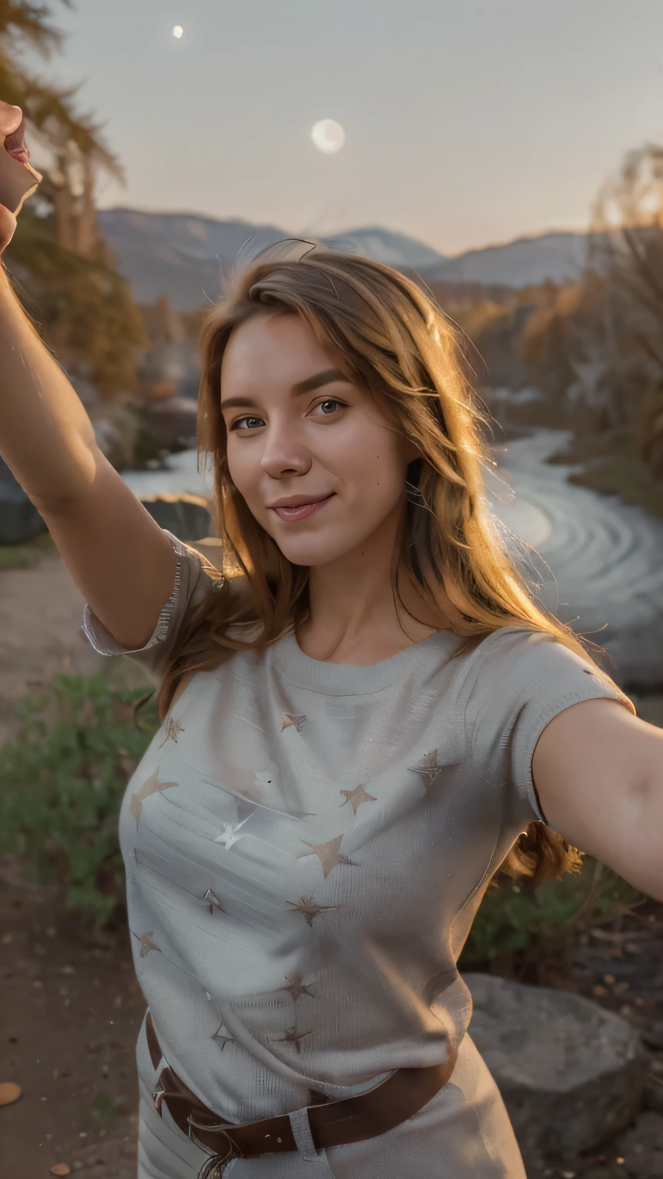1 woman(( upper body selfie style simulation,  happy)), Masterpiece, best quality, Highly detailed, One, outdoor, (Night), Mountains, nature, (stars, moon) funny,  happy, backpack, sleeping bag, camping stove, bottle of water, mountain boots,  glove belt, sweater, has, flashlight, the forest, rocks, a river, tree, smoke, shadows, contrast,  clear sky,  analog style  (Looking at the viewer:1.2) (skin texture) (film granularity:1.3), ( warm , [warm tone )