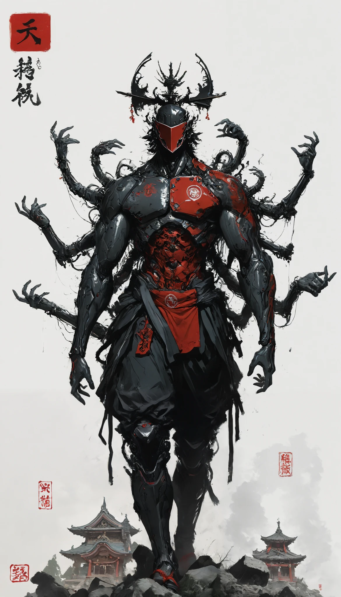 (masterpiece, best quality), best score , amazing quality, very aesthetic, highres, newer, 8K, HIGH CONTRAST, a boy,( beautiful:1.1),biological cyborg,Hand drawing style, muscle,Samurai Temple ,samurai armada,on guard,hand art