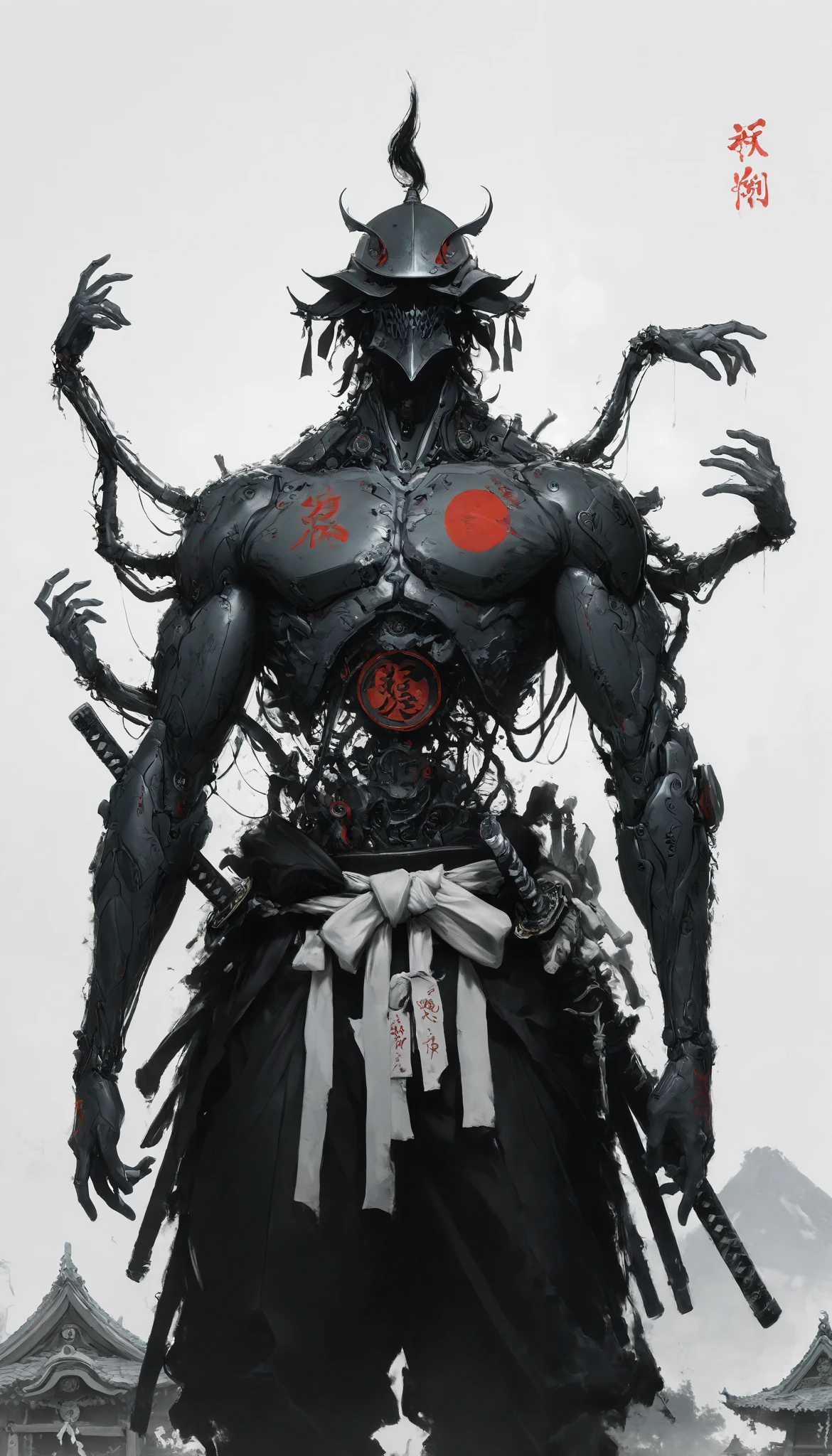 (masterpiece, best quality), best score , amazing quality, very aesthetic, highres, newer, 8K, HIGH CONTRAST, a boy,( beautiful:1.1),biological cyborg,Hand drawing style, muscle,Samurai Temple ,samurai armada,on guard,hand art
