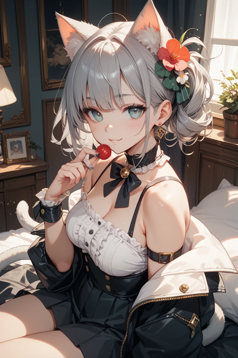 (Artwork of exceptional craftsmanship),(Detailed illustrations,(Very ideal anatomy),Very detailed and detailed drawing,Delicate lines with slow and rapid,(Realistic texture expression)),[Color tressed main line],[Strange bedroom background],[HENTAI ANIME] (JapaneseGirl (Beautiful shape) 15yo student [Luxury Girl] (cat ear ((plump)) (large chest with drooping,[wide areola]))),(Full body lingerie (Pure white corset) (Ribbon Ruffled Lace Fabric [lolita fashion])),[Realistic and glossy skin expression ([High humidity] (Soft body)),([sitting] [[boredom]] gravure),Transparency, soft ambient light,(Perfectly proportioned),(Fine and beautiful skin expression [realistic skin detail]),[Design built to the highest level,[Advanced structural understanding of materials],Ideal color coordination],(Intricate and beautiful decoration [Dense detail]),(More on shiny hair),[Perfect hand details [Beautiful Finger]],(Beautiful perfect face [Realistic face details]),[Clear gaze],[long and beautiful eyelashes],[Perfect eye details (Eyes beautifully drawn down to the smallest detail)],(detaileds,high-detail),([Precision Detail],[multi-layer texture],HighQuality,hight resolution),[(Accurate simulation of light-material interactions),Understanding Airflow,Mechanically correct representation],[Visual art that conveys a sense of narrative] [Full body like],[[Desaturation]].